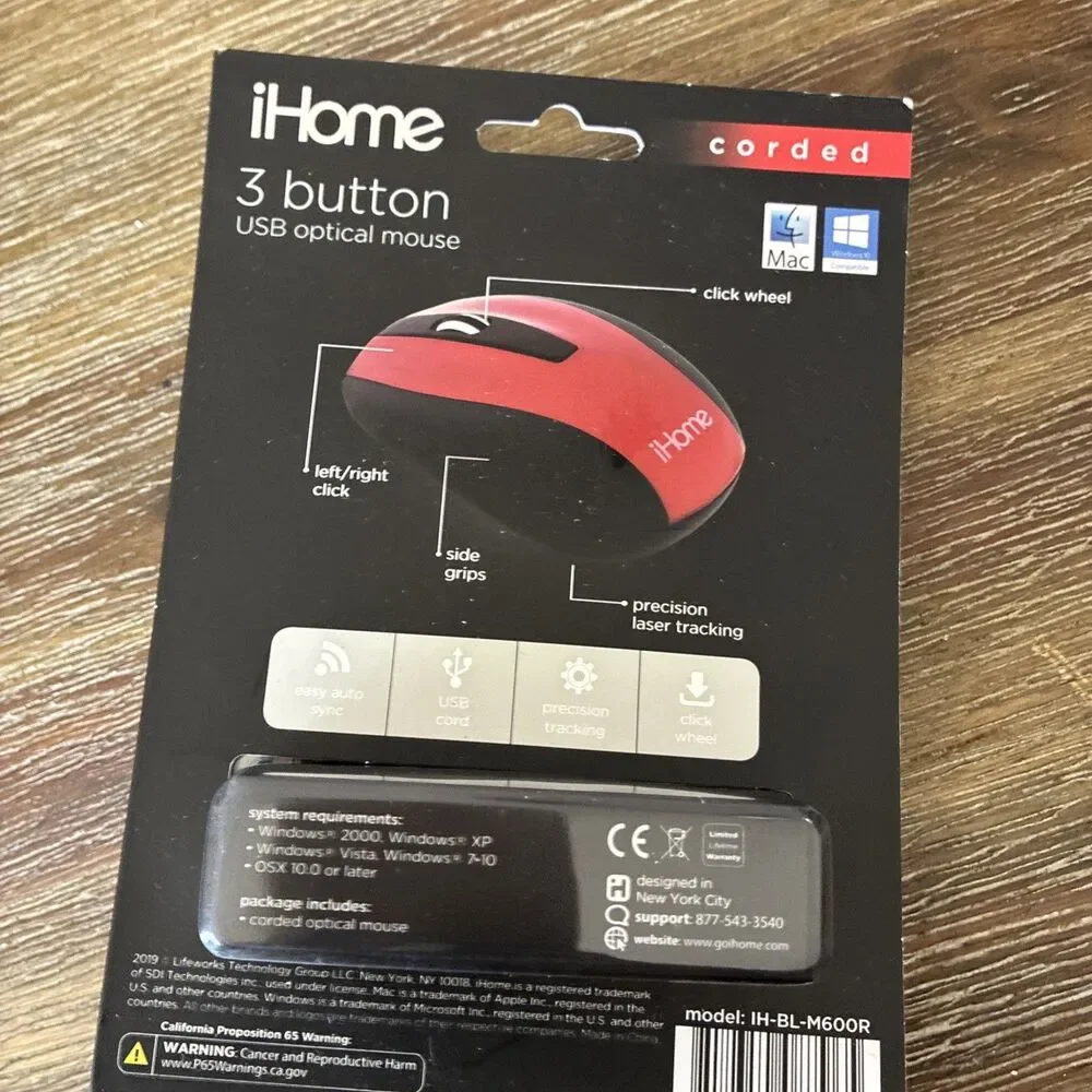 iHome Wired USB Optical Mouse for Mac Windows  3-Button Scroll Wheel RED